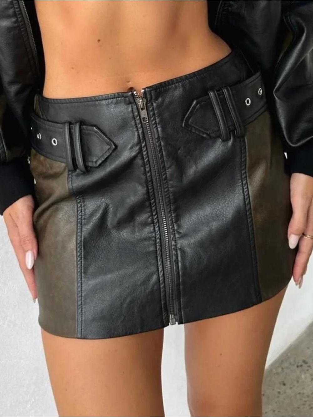 Outcast Kendra Black Faux Leather Zip-Front Mini Skirt with Belt-Tab Detail - Picture 1 of 5